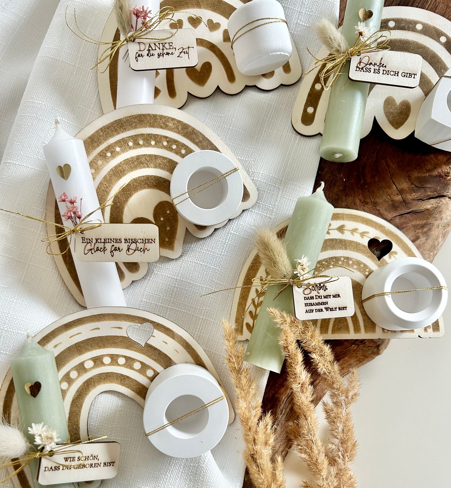 Regenbogen Kerzenhalter Holzbrettchen mit Anhängern