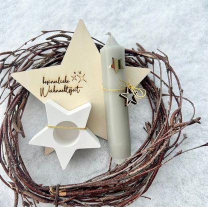 Weihnachtssterne Kerzenhalter Holzbrettchen mit Anhängern