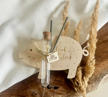 Glücksschweinchen Kerzenhalter Holzbrettchen mit Anhängern