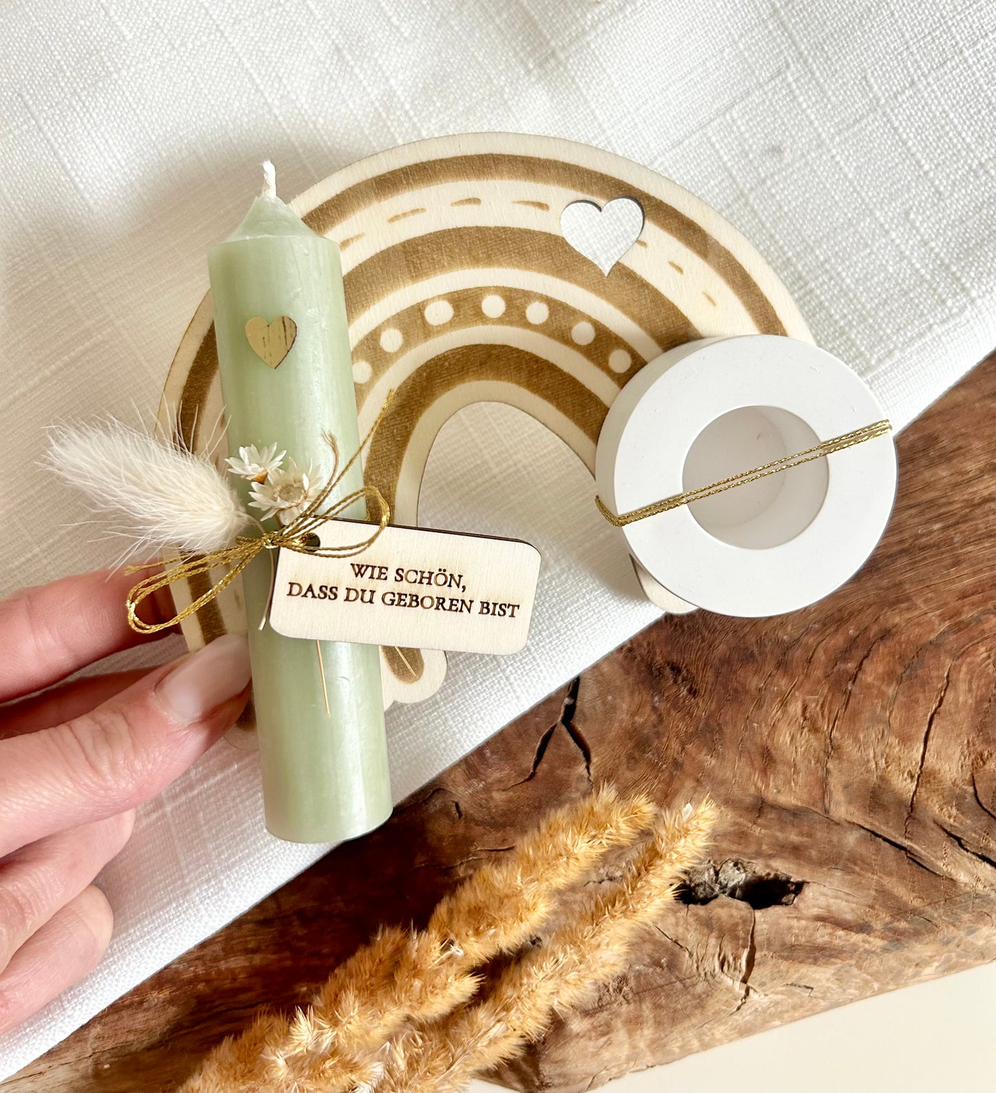 Regenbogen Kerzenhalter Holzbrettchen mit Anhängern