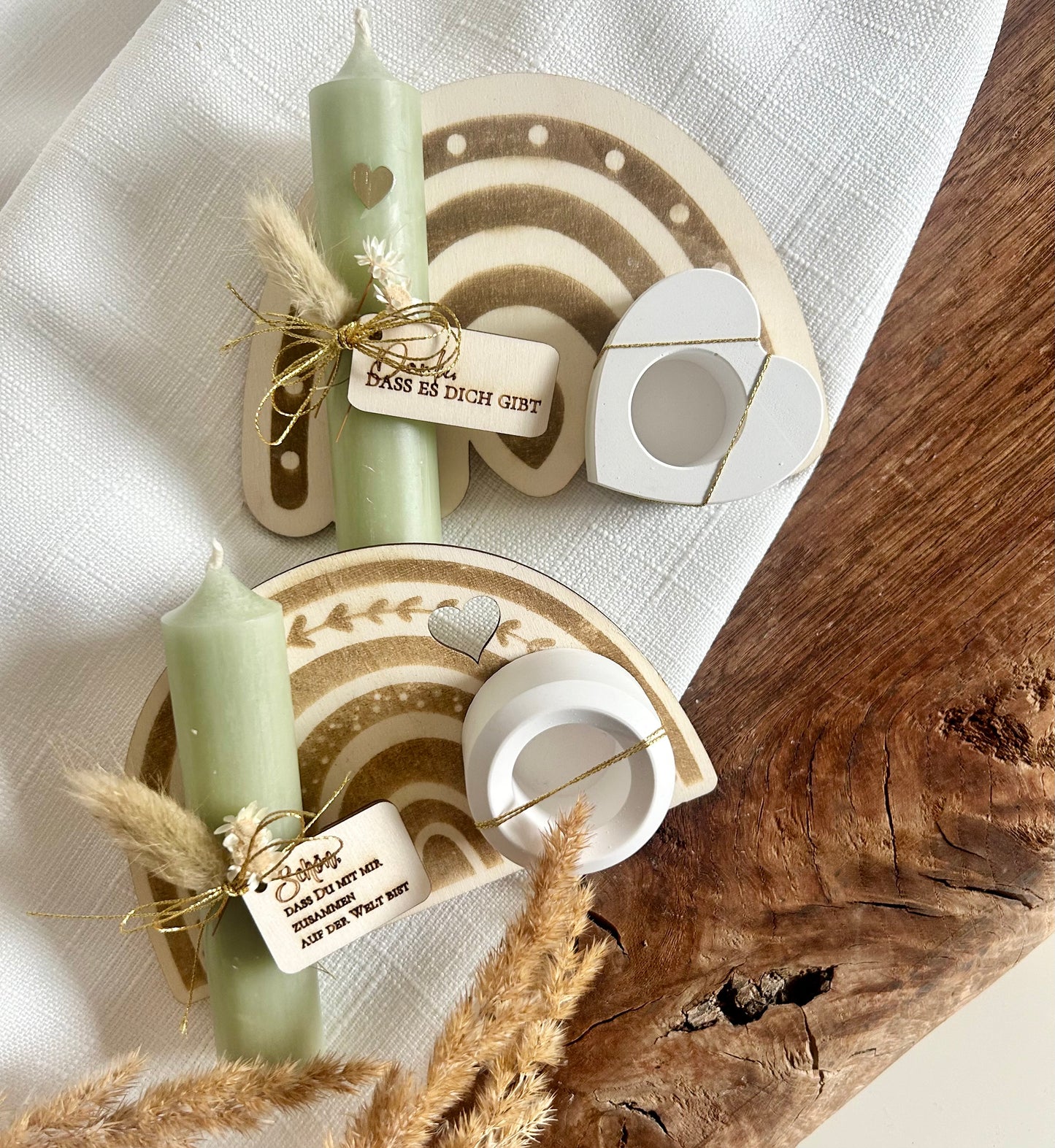 Regenbogen Kerzenhalter Holzbrettchen mit Anhängern