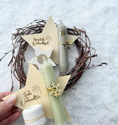 Weihnachtssterne Kerzenhalter Holzbrettchen mit Anhängern