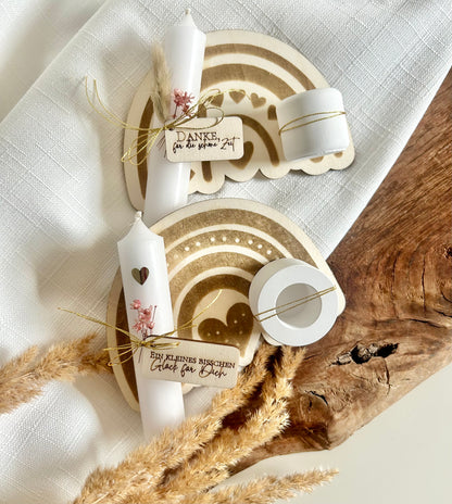 Regenbogen Kerzenhalter Holzbrettchen mit Anhängern