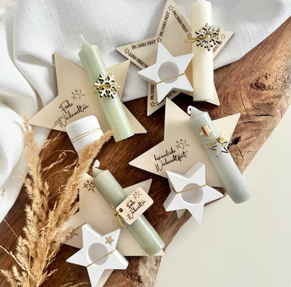 Weihnachtssterne Kerzenhalter Holzbrettchen mit Anhängern