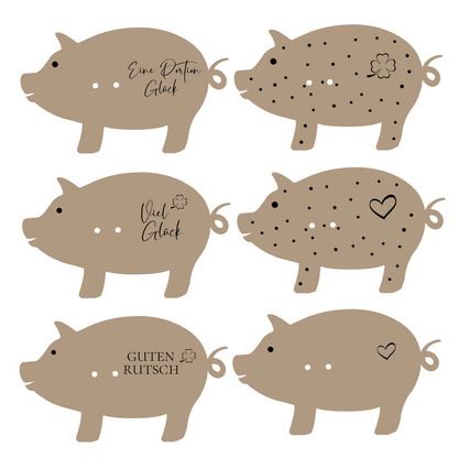 Glücksschweinchen Kerzenhalter Holzbrettchen mit Anhängern